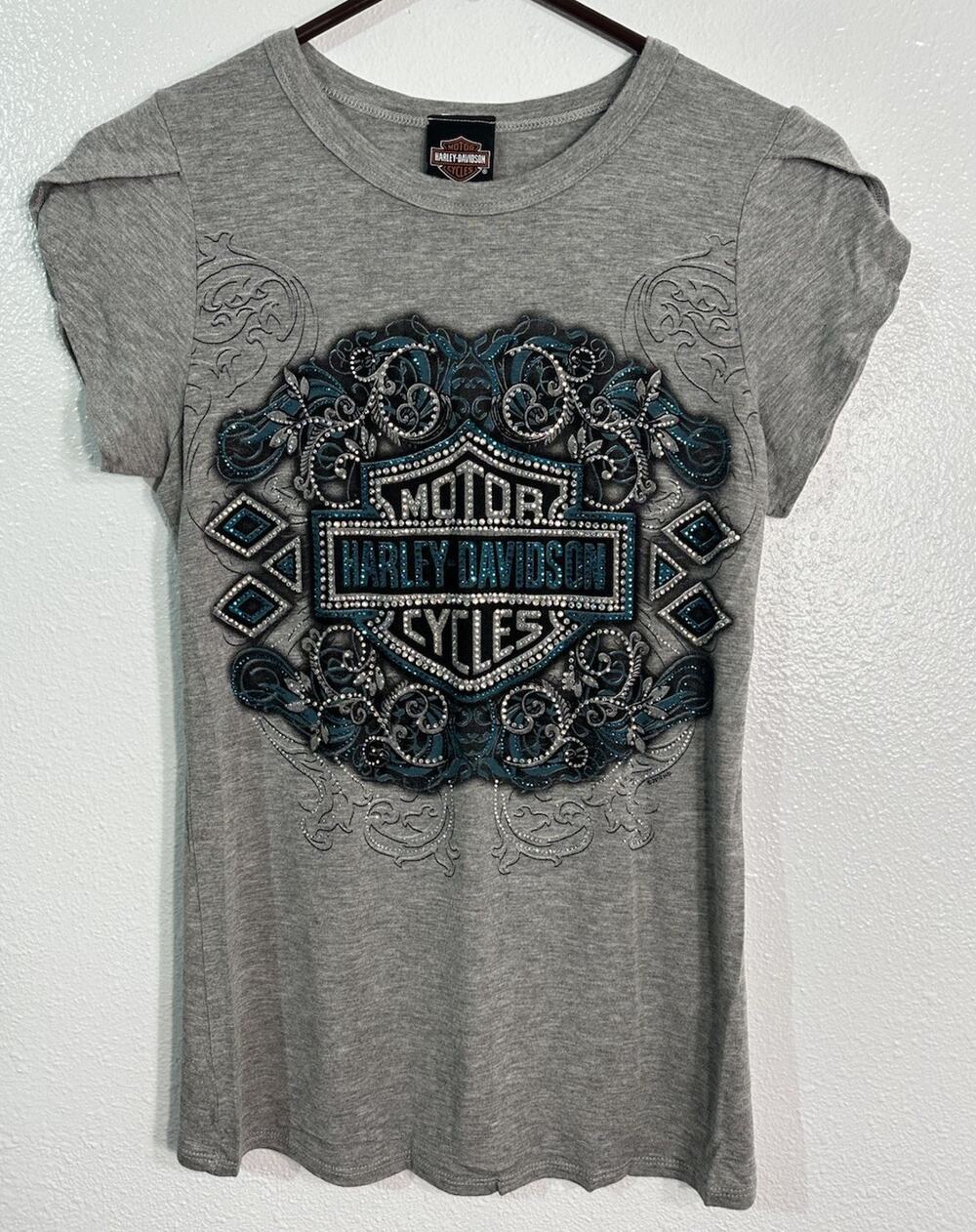 Harley Davidson Women’s Small Gray Rhinestone Bling Graphic T Shirt USA Biker